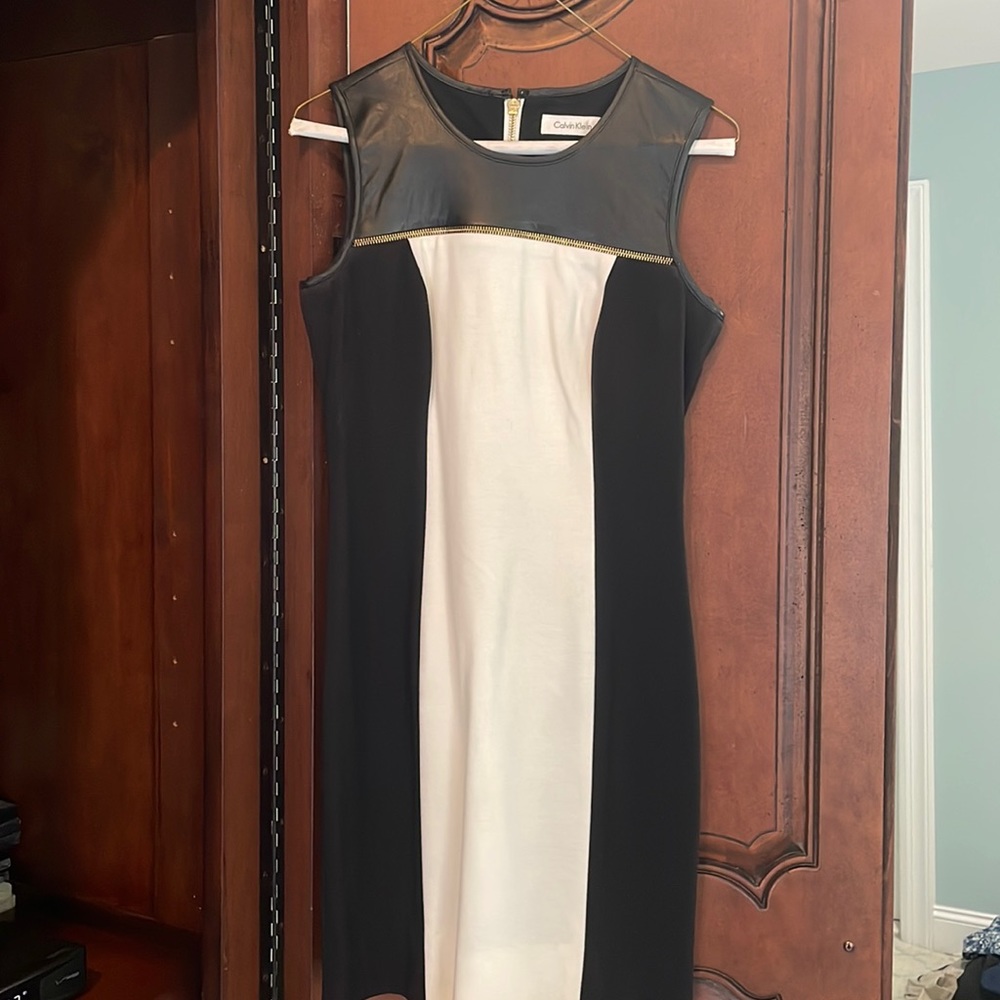 Black and white Calvin Klein dress.  Black leather on top